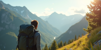 Randonneur sur un sentier de montagne ensoleille avec sac moderne