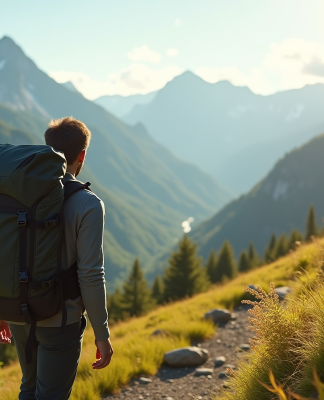Randonneur sur un sentier de montagne ensoleille avec sac moderne
