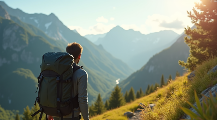 Randonneur sur un sentier de montagne ensoleille avec sac moderne