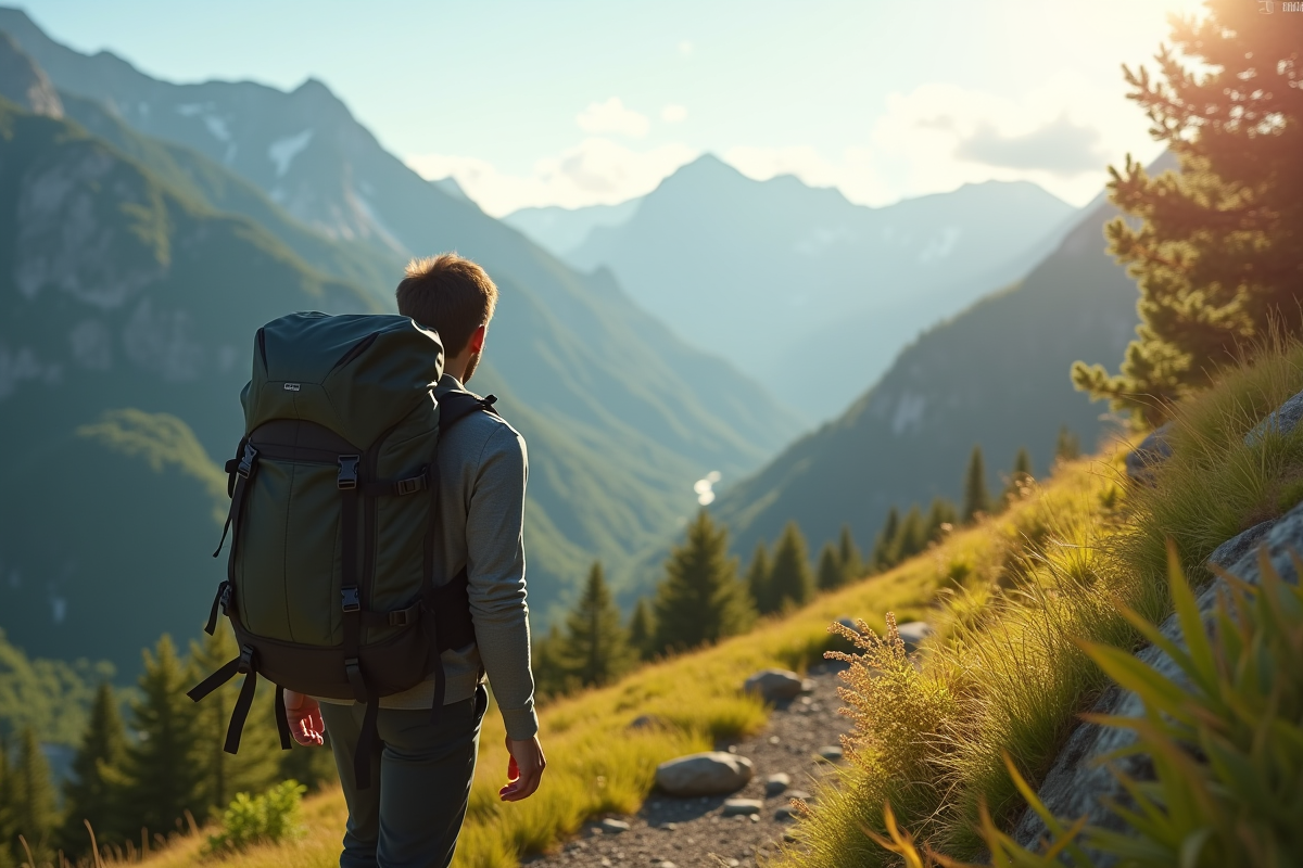 Randonneur sur un sentier de montagne ensoleille avec sac moderne