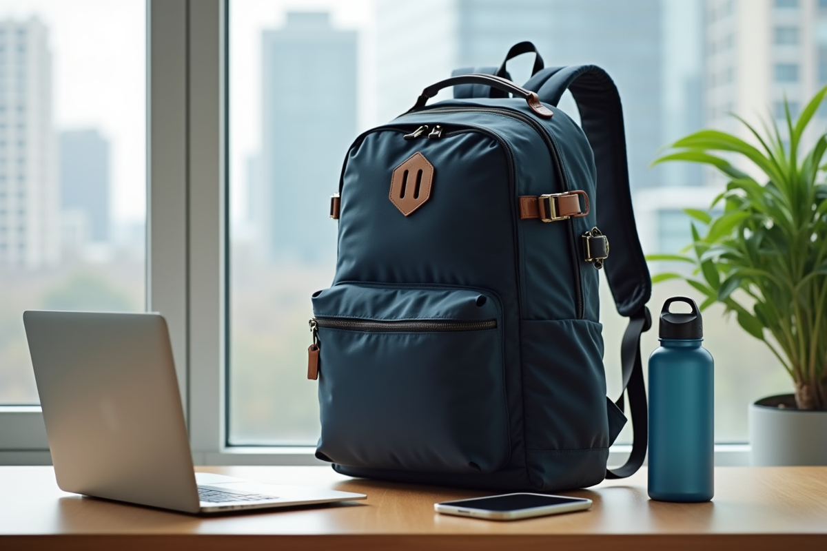 Sac a dos stylé sur un bureau lumineux avec ordinateur et bouteille