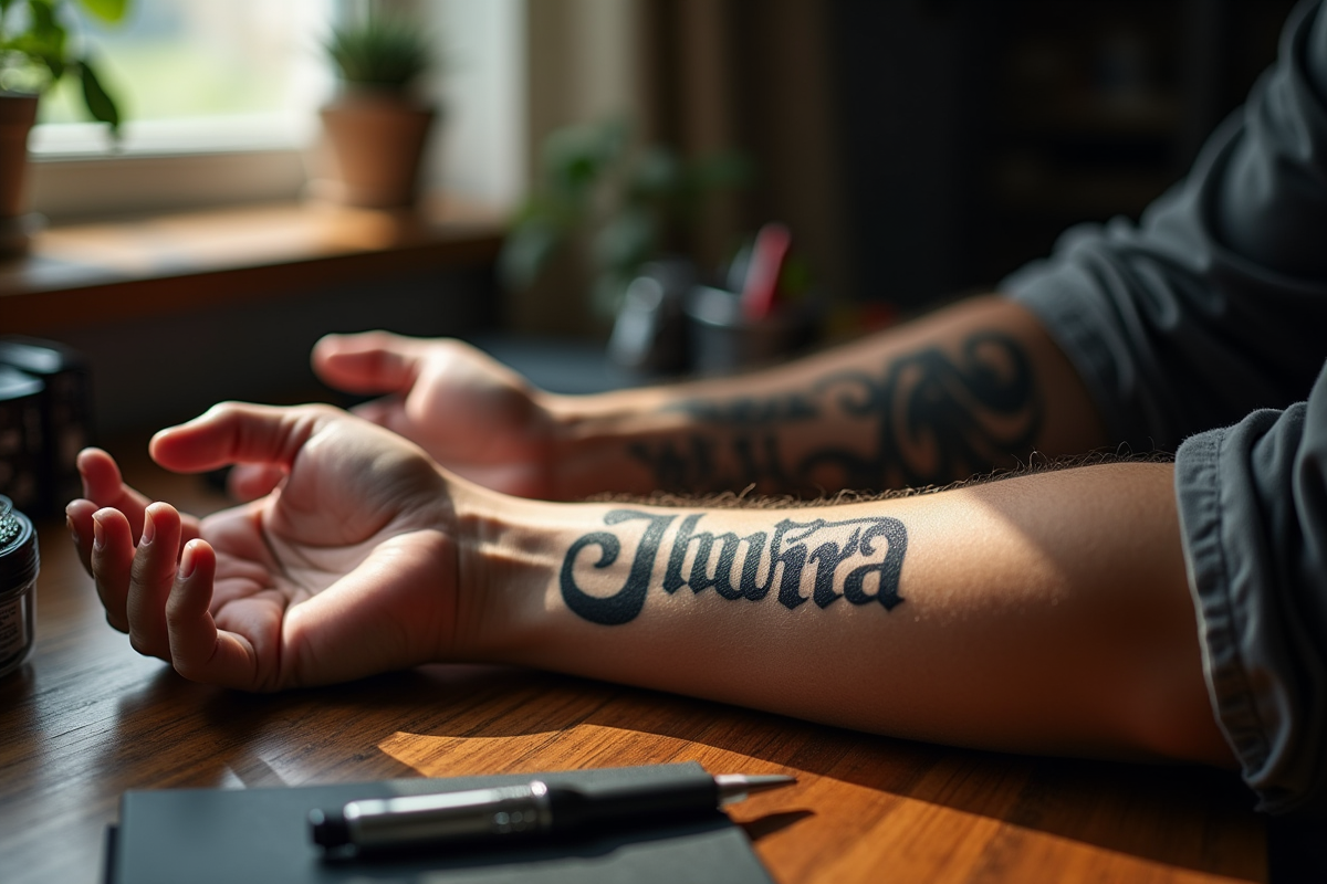 Avant-bras masculin avec tatouage en studio créatif
