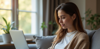 Jeune femme faisant du shopping en ligne à la maison
