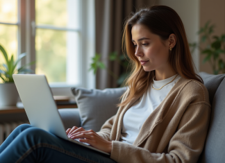 Jeune femme faisant du shopping en ligne à la maison
