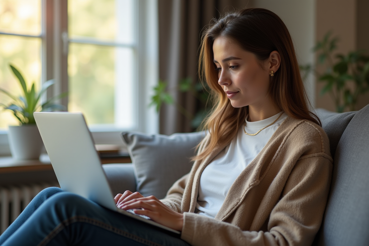 Jeune femme faisant du shopping en ligne à la maison