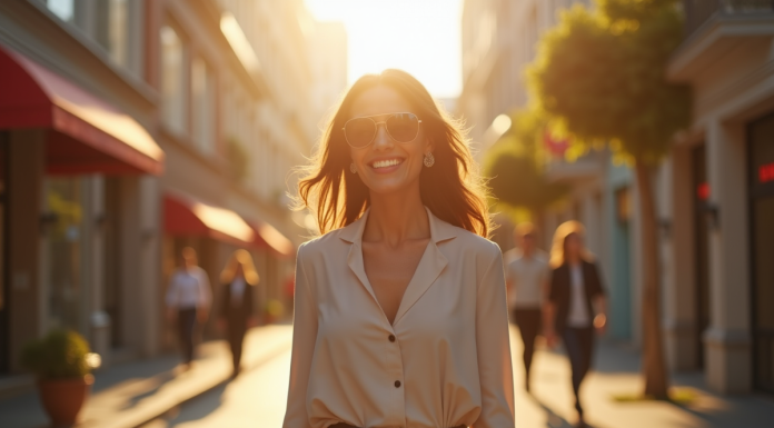 Femme élégante marchant dans une rue urbaine en matinée
