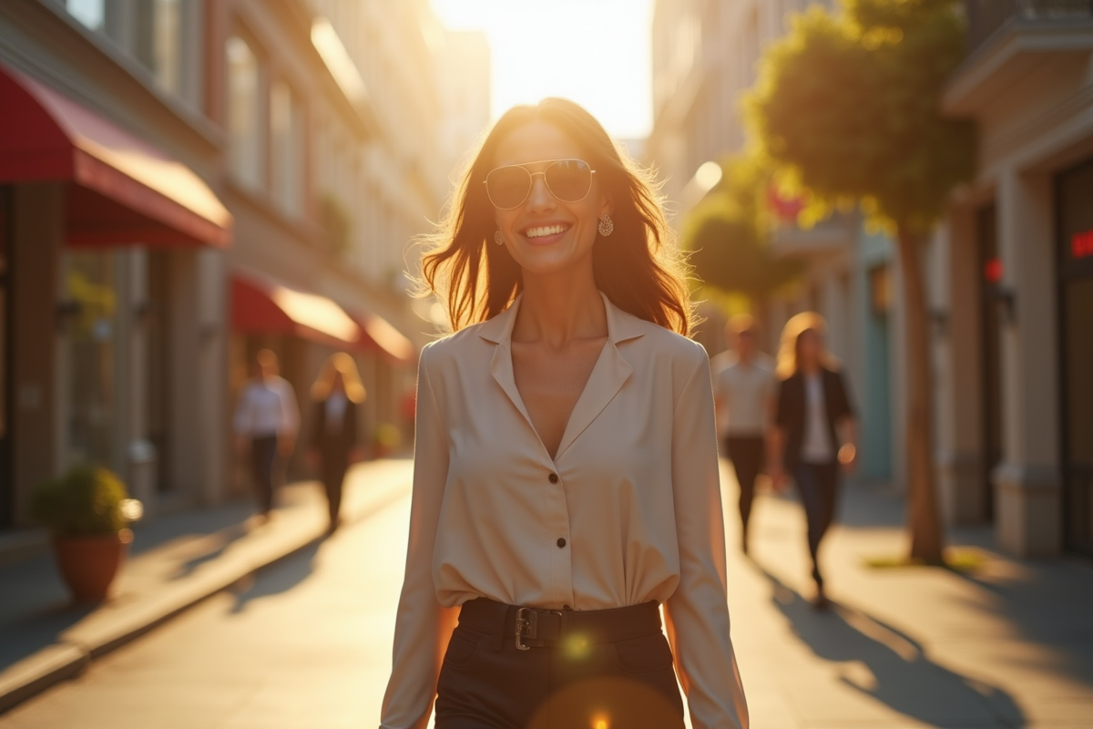 Femme élégante marchant dans une rue urbaine en matinée