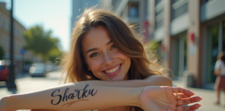 Jeune femme avec tatouage nom élégant en extérieur