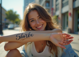 Jeune femme avec tatouage nom élégant en extérieur