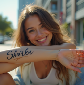 Jeune femme avec tatouage nom élégant en extérieur