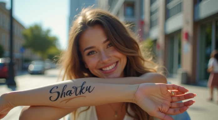 Jeune femme avec tatouage nom élégant en extérieur