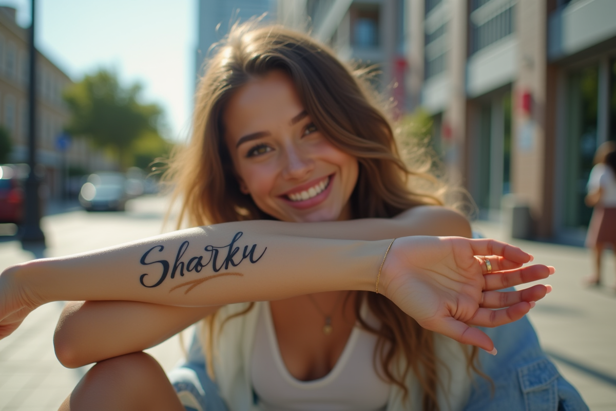 Jeune femme avec tatouage nom élégant en extérieur
