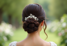 Invitée élégante avec coiffure sophistiquée lors d'un mariage