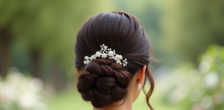 Invitée élégante avec coiffure sophistiquée lors d'un mariage