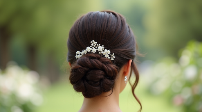 Invitée élégante avec coiffure sophistiquée lors d'un mariage