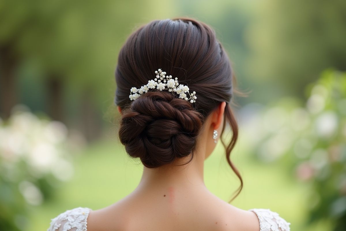 Invitée élégante avec coiffure sophistiquée lors d'un mariage