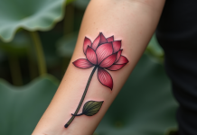 Tatouage lotus frais sur avant bras en lumière naturelle
