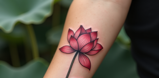 Tatouage lotus frais sur avant bras en lumière naturelle