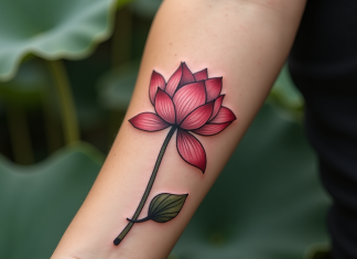 Tatouage lotus frais sur avant bras en lumière naturelle