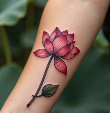 Tatouage lotus frais sur avant bras en lumière naturelle