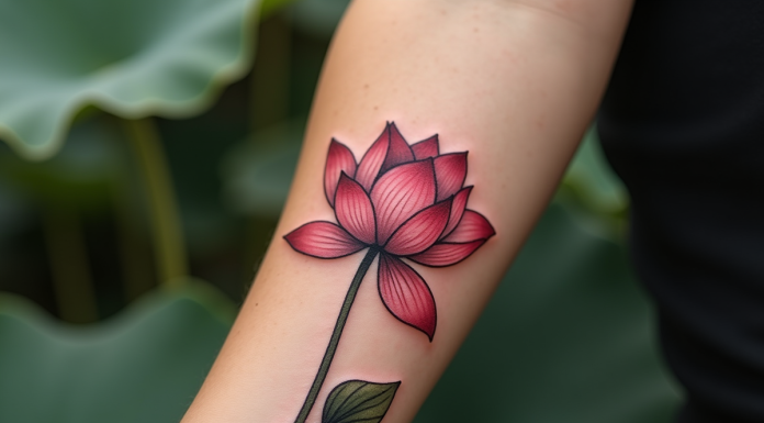 Tatouage lotus frais sur avant bras en lumière naturelle