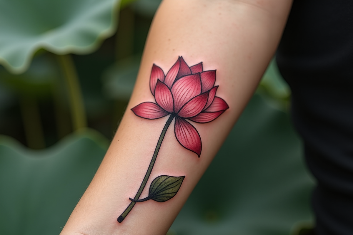 Tatouage lotus frais sur avant bras en lumière naturelle