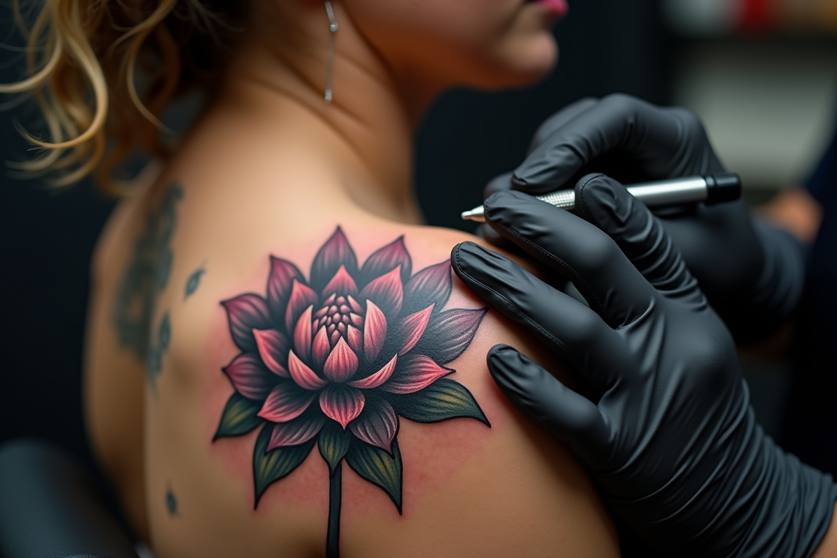 Tatoueur finissant un tatouage lotus sur dos en studio