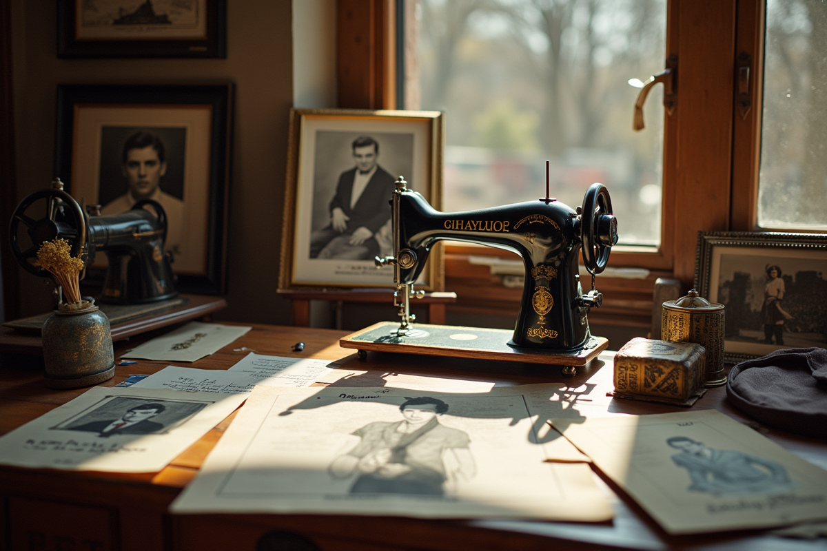 Atelier de couture vintage avec croquis et tissus Ralph Lauren
