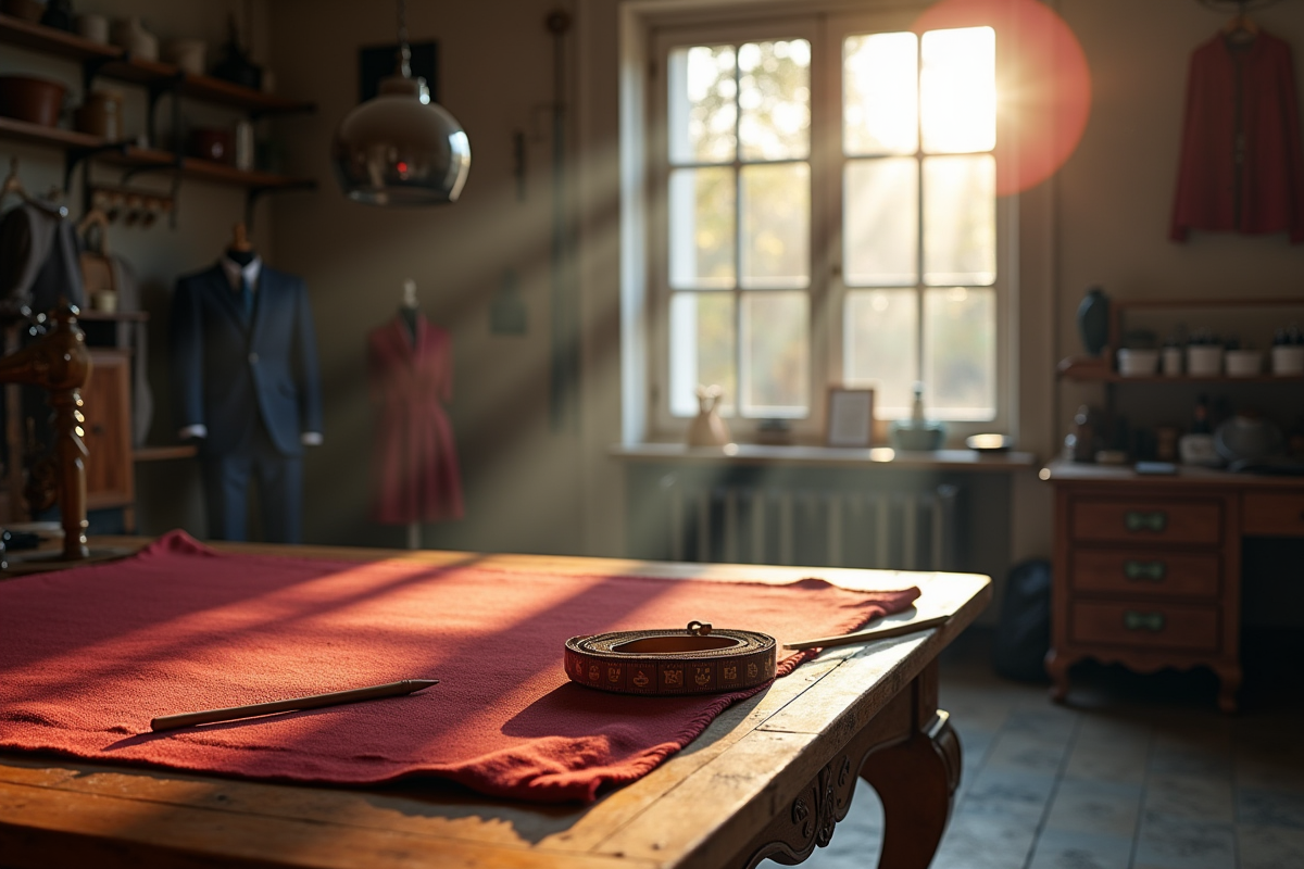 Atelier de tailleur italien avec tissus élégants et ruban mesure