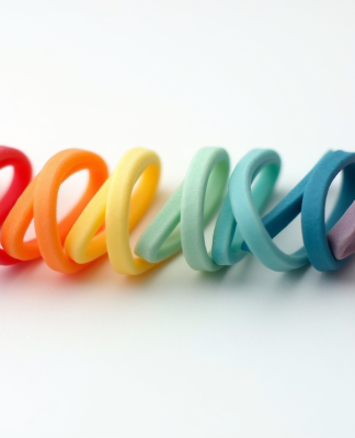 Bracelets en caoutchouc colorés alignés sur fond blanc