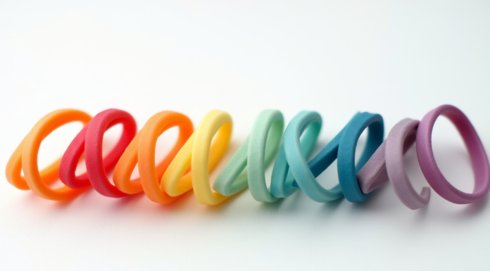 Bracelets en caoutchouc colorés alignés sur fond blanc