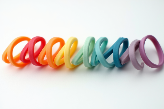 bracelets-en-matiere-diverses Bracelets en caoutchouc colorés alignés sur fond blanc