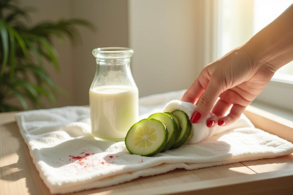 Tranches de concombre et lait sur une coiffeuse avec main et tissu blanc
