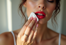 Femme s'essuyant les lèvres rouges avec un coton dans une salle de bain lumineuse
