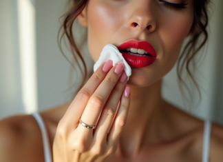 Rouge à lèvres : enlever sans démaquillant, astuces efficaces à connaître ! Femme s'essuyant les lèvres rouges avec un coton dans une salle de bain lumineuse