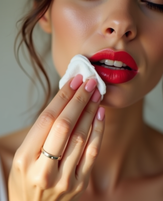 Femme s'essuyant les lèvres rouges avec un coton dans une salle de bain lumineuse