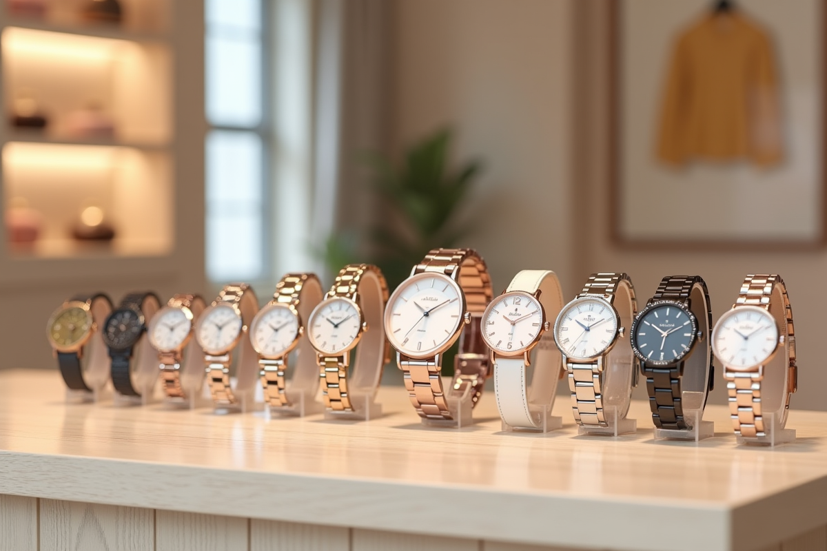 Vitrine avec différentes montres pour femmes dans une boutique élégante