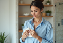 Traces de sueur : astuces pour les éviter facilement et naturellement Femme confiante en blouse bleue dans salle de bain lumineuse