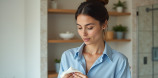Femme confiante en blouse bleue dans salle de bain lumineuse