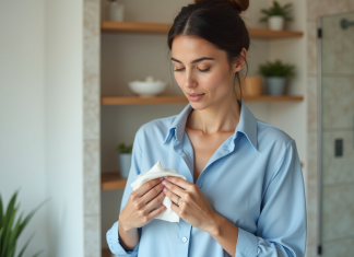 Traces de sueur : astuces pour les éviter facilement et naturellement Femme confiante en blouse bleue dans salle de bain lumineuse