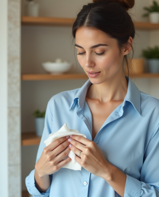 Femme confiante en blouse bleue dans salle de bain lumineuse