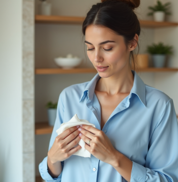 Traces de sueur : astuces pour les éviter facilement et naturellement Femme confiante en blouse bleue dans salle de bain lumineuse