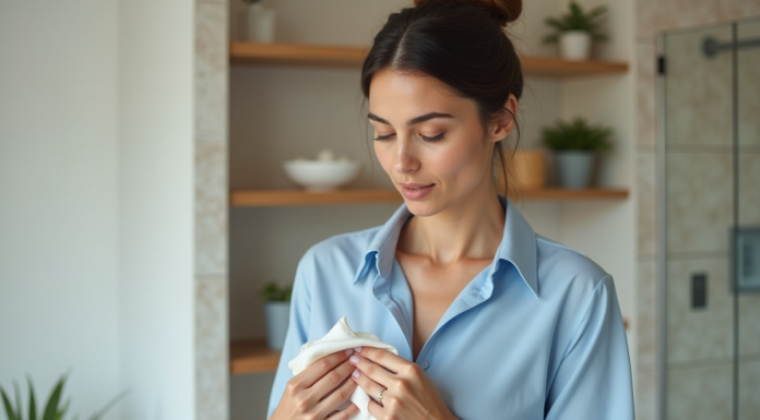 Femme confiante en blouse bleue dans salle de bain lumineuse