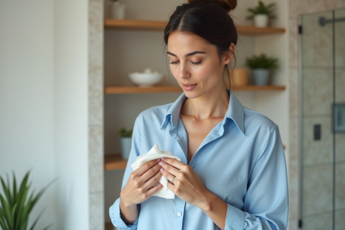 femme-confiance-blouse-bleu Femme confiante en blouse bleue dans salle de bain lumineuse