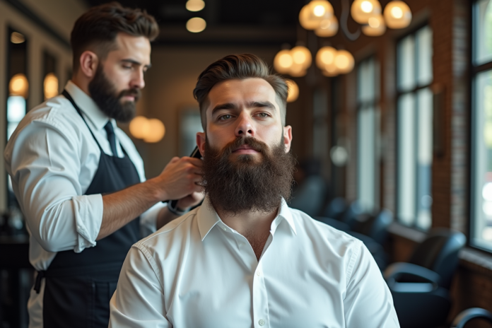 homme-beard-barbier Homme avec barbe Van Dyke en salon moderne