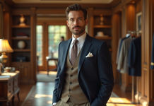 Homme élégant dans un showroom Ralph Lauren avec pièces iconiques