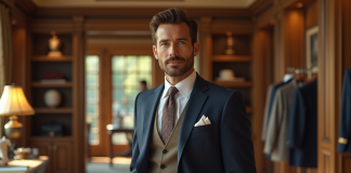 Homme élégant dans un showroom Ralph Lauren avec pièces iconiques