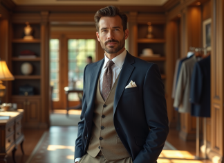 Homme élégant dans un showroom Ralph Lauren avec pièces iconiques