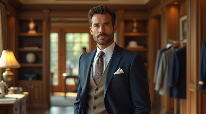 Homme élégant dans un showroom Ralph Lauren avec pièces iconiques