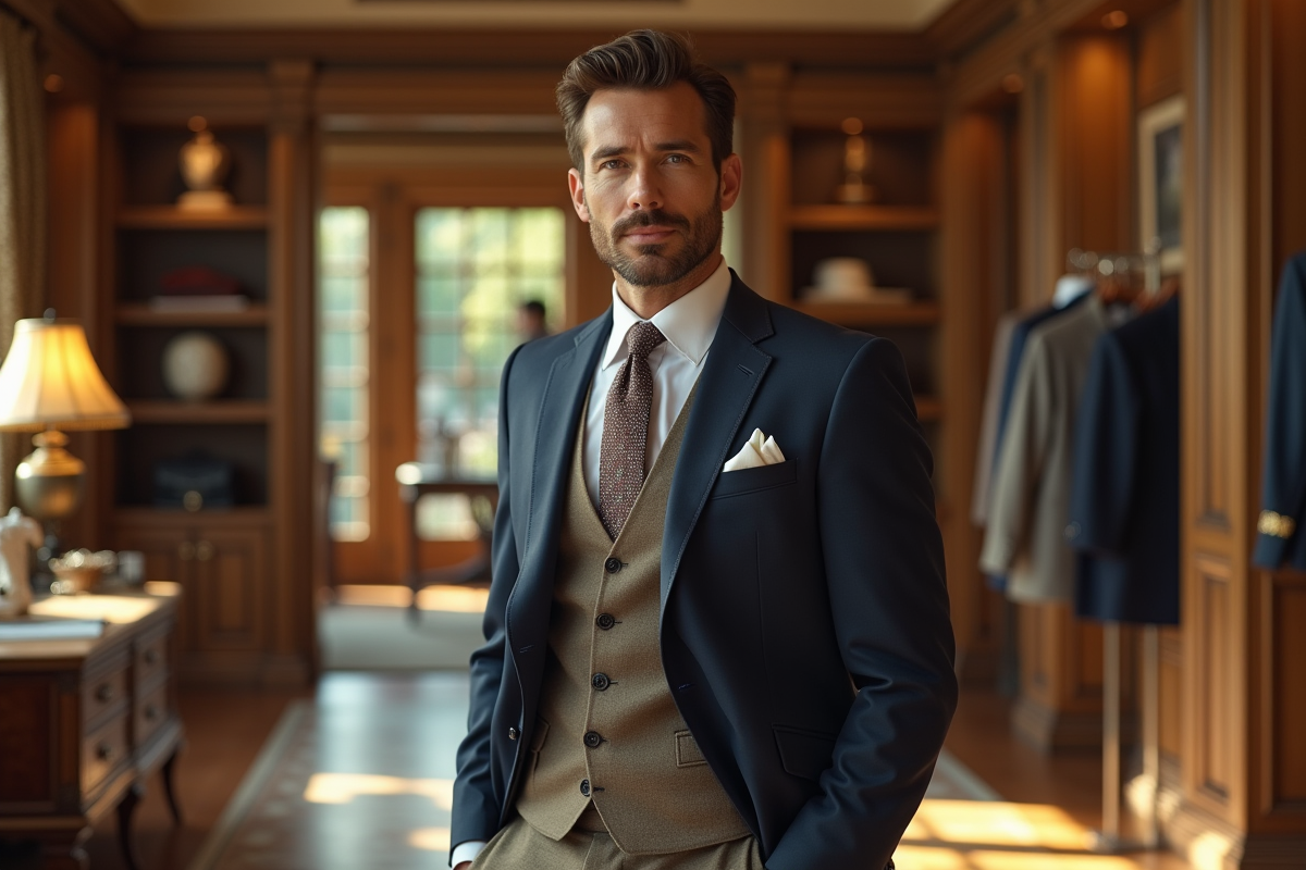 Homme élégant dans un showroom Ralph Lauren avec pièces iconiques